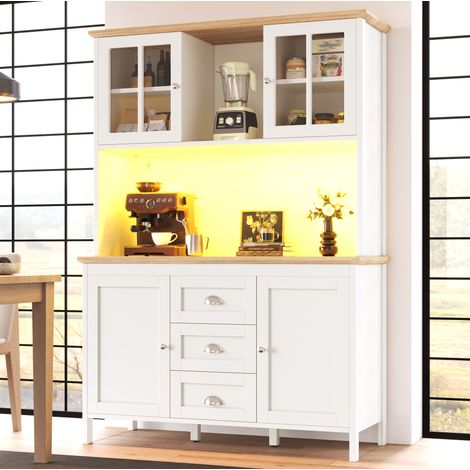 Vaisselier haut 120/40/179 cm blanc avec LED, 4 portes, 3 tiroirs et niche ouverte (1/5)