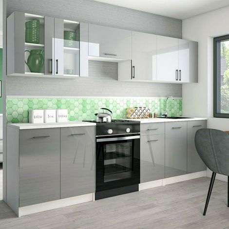 KÜCHE 260cm KÜCHENZEILE KÜCHENBLOCK MODERN Einbauküche grau Hochglanz (1/5)