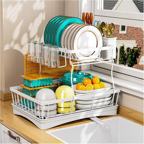Dish Drainer 2 Levels blanc Space-saving, utensil holder, kitchen counter, dish drying, space saving (1/5)