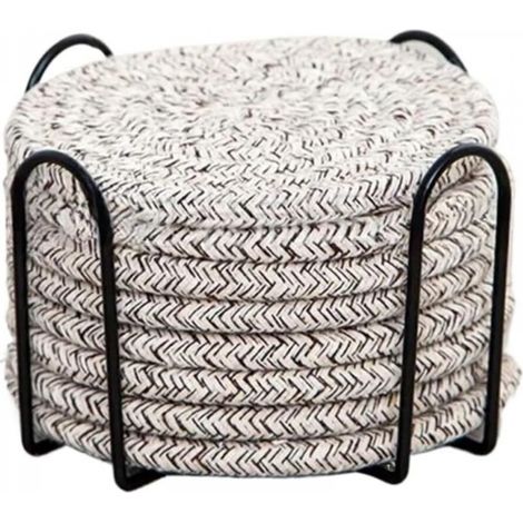 Ensemble de sous-verres ronds en coton beige bohème pour table à manger, coussin isolant épais, tapis rond pour thé (avec support), 8 pièces (1/5)