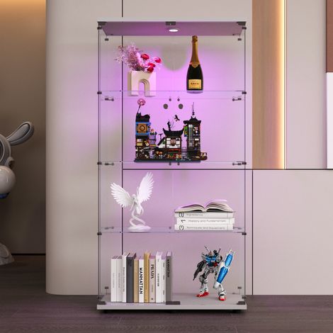 Vetrina in vetro illuminata a LED 164x80x36 cm - con ante e 4 ripiani - doppie ante - autoportante - per soggiorno - camera da letto - ufficio - Bianco