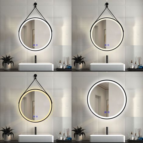 LED Rund Spiegel Badspiegel mit Beleuchtung Badezimmer Spiegel mit Beschlagfrei 3 Lichtfarbe dimmbar Speicherfunktion Wandspiegel mit Touch-Schalter und Wand-Schalter Abnehmbarer Gürtel 60x60cm (1/5)