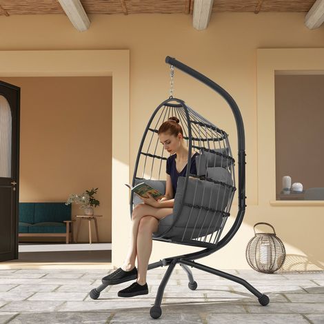 Fauteuil suspendu avec panier pliable, coussin et appui-tête pour une utilisation intérieure et extérieure, capacité de charge de 120 kg, gris