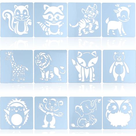 Lot de 12 pochoirs animaux, 13 x 13 cm, pochoirs de peinture en plastique lavables pour loisirs créatifs (blanc) (1/5)