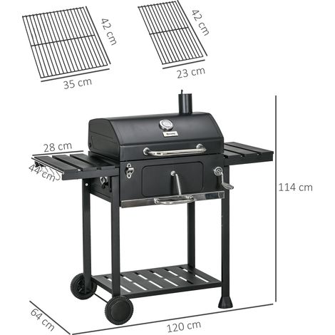 Barbecue de camping au charbon de bois avec deux grilles, tablettes latérales pliables, chariot avec tablette et poignée, en acier inoxydable noir.