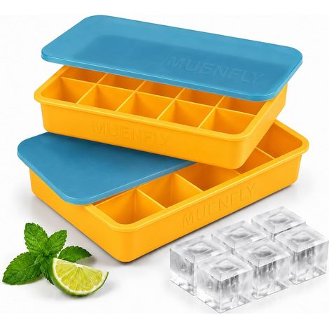 Bac à Glaçons en Silicone Empilable avec Couvercle, Format 15 Cavités Carré, Facile à Démouler, Réutilisable, Bleu-Jaune (1/5)
