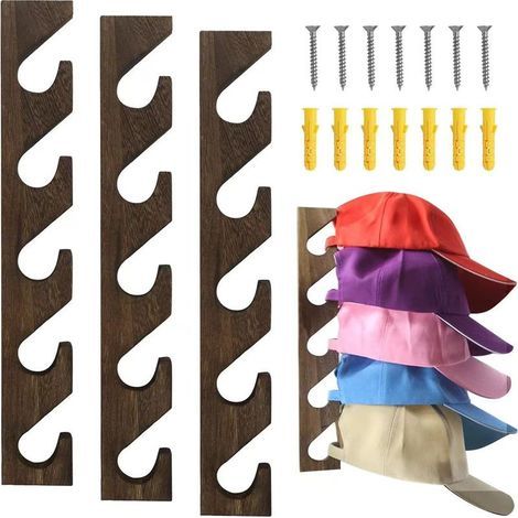 Lot de 3 porte-chapeaux pour casquettes de baseball, organiseur mural en bois pour casquettes de baseball, support mural vertical pour placard, porte, chambre, salon, entrée, buanderie (bois mar (1/5)