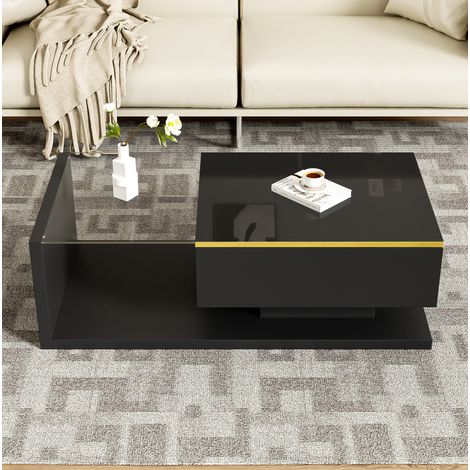 Couchtisch Schwarz aus Spanplatte und gehärtetem Glas, 100 cm, mit dimmbarer LED-Beleuchtung und Stauraum (1/5)