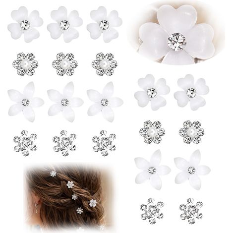 20 Pinces Cheveux Fleurs Blanches Strass Mariage Quotidien Résine, métal, strass, 20 pièces, 4 styles, mariage, soirée, quotidien, femme, blonde, fines (1/5)