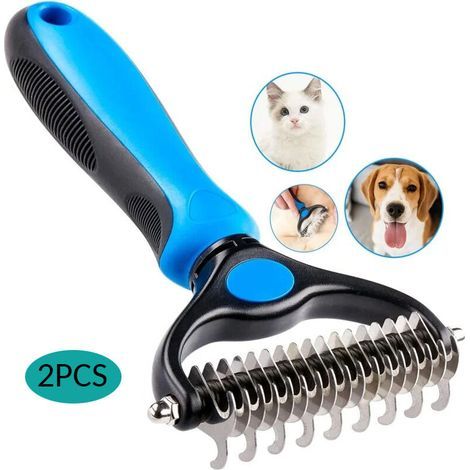 2 brosses pour chiens en acier inoxydable, brosse pour chien double face 17 + 9 dents, brosse pour sous-poil pour chien pouvant éliminer les nœuds et le sous-poil, poignée avec trou de suspension, con (1/5)