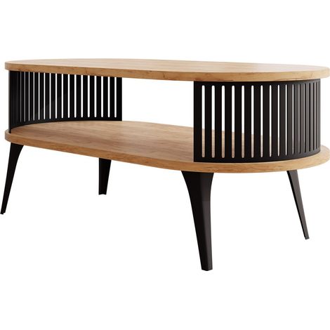 Mobilier1 – Table basse fixe ovale noir et chêne doré – Stratifié 44x50x100cm – Pieds en métal – Compatible avec robots aspirateurs (1/3)