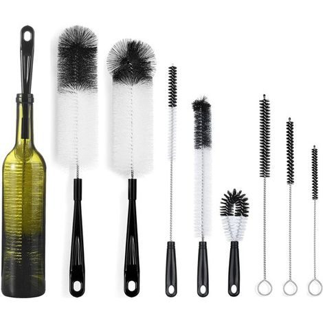 Lot de 8 brosses de nettoyage pour bouteilles, verres, bidons et pailles, modèles flexibles et sans rayures, sans BPA, lavables au lave-vaisselle, noir (1/5)