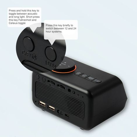 Dual Alarm Clock with Large Display, FM Radio, Temperature and Humidity Sensor, USB Output, Rechargeable Battery, Sound Activation and 5-Minute Nap for the Bedroom