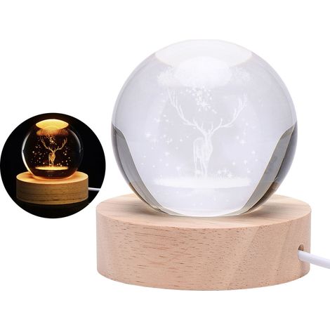 Veilleuse Boule Cristal Système Solaire - Base Bois Naturel - Éclairage LED Doux - USB Rechargeable - 1 Pièce (1/5)