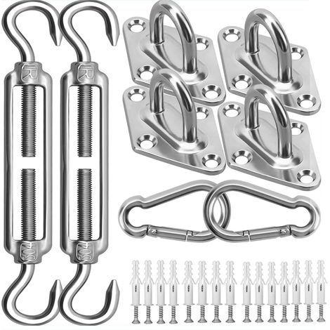 Kit de fixation pour voiles d'ombrage - Acier inoxydable 304 - Tendeurs réglables 20-30 cm - Convient voiles jusqu'à 3,6 x 3,6 m - 40 pièces (1/5)