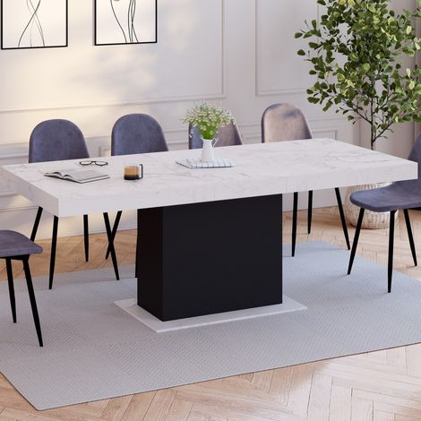 EDEN Mesa de comedor rectangular extensible para 6-10 personas con tablero ALASKA efecto mármol blanco y negro 160-200 cm