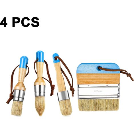 Lot de 4 pinceaux à craie, pinceaux en bois pour craie et cire, pinceaux à pochoir naturels, pinceaux ronds à poils, pinceaux à cire pour la peinture de meubles en bois et la décoration intérieure (bl