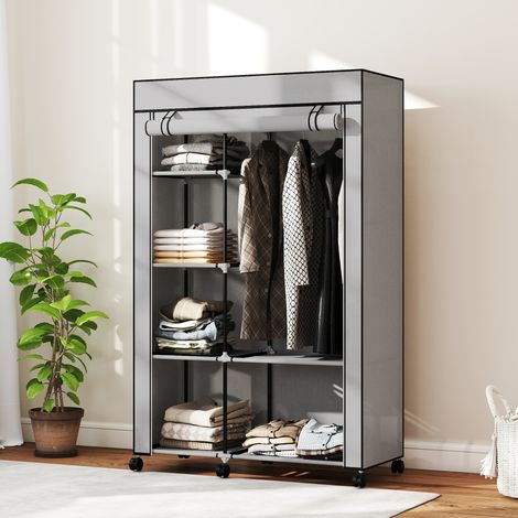 Armadio in tessuto con ruote, armadio portatile con 6 ripiani e 1 asta appendiabiti per camera da letto, 103x43x162,5 cm, grigio