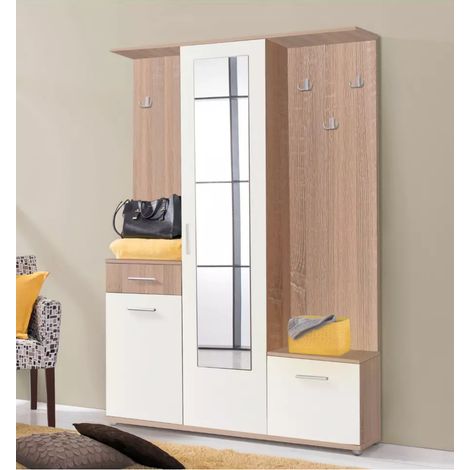 mobile da ingresso "barcellona" con specchio effetto legno e bianco 133x33x197 cm