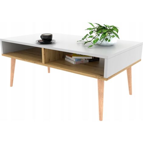 Table basse scandinave blanche/banc artisanal avec étagère (1/5)