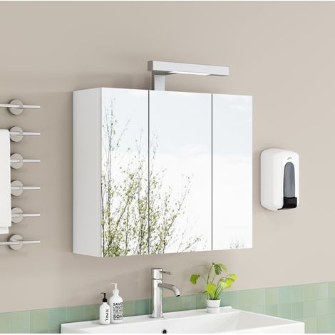 Espejo armario de baño blanco con 3 puertas, LED, enchufe francés y baldas de vidrio (1/4)
