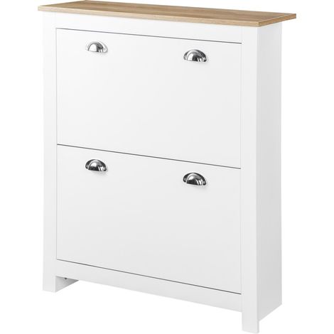 Homcom meuble à chaussures 12 paires, armoire à chaussures étroite avec 2 tiroirs rabattables et étagères réglables, poignées coquilles métal, pour couloir, entrée, 79 x 23 x 90,5 cm, blanc et chêne