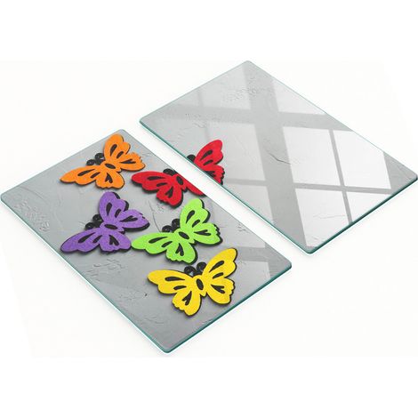 Tablas de cortar de vidrio para cocina con coloridos dibujos de mariposas, 2 x 30 x 52 cm.