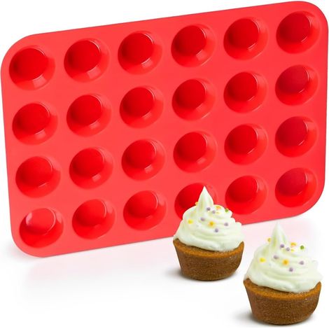 Molde para muffins de 24 cavidades, de silicona antiadherente, rojo, apto para horno y microondas. (1/5)
