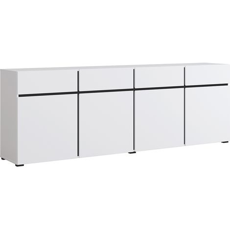 Petits-Meubles – Buffet blanc 4 portes 4 tiroirs Lilia – Panneaux stratifiés – Dimensions 225 x 40 x 78,5 cm – Charge max 25 kg dessus, 7 kg tiroirs (1/5)