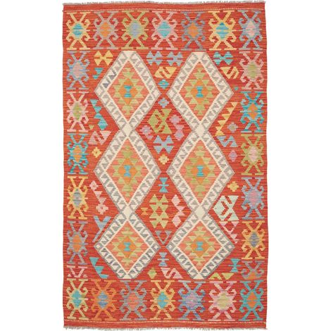 Tapis kilim 119 x 191 cm, ethnique, en laine naturelle, rouge, beige et multicolore, tissé plat artisanal (1/5)