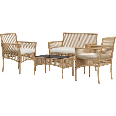 4-teiliges Garten-Lounge-Set: 2-Sitzer-Sofa, 2 Sessel, Couchtisch aus gehärtetem Glas