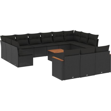 Salon de jardin avec coussins 14 pcs noir résine tressée (1/3)