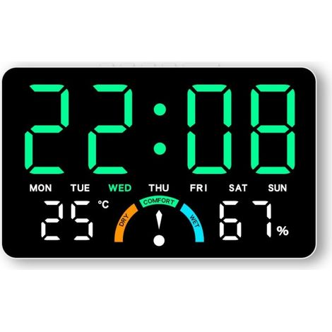 Digital wall clock with date, time, temperature and humidity, dual alarm, comfort reminder, large LED display alarm clock (1/5)