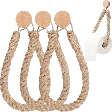Porte Papier Toilette Mural en Corde de Chanvre et Bois, Dérouleur pour Salle de Bain et WC, Support Rouleau Rustique avec Crochets en Bois (1/5)