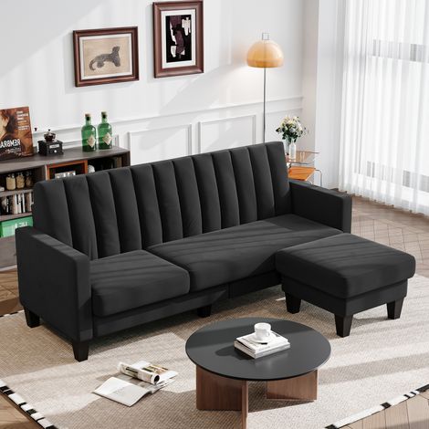 Yoleo – Canapé d'angle réversible 3 places en velours noir – Repose-pieds amovible – Dimensions 208 x 140 x 85 cm – Confort optimal pour salon (1/5)