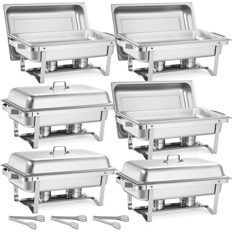 Bacs à réchaud rectangulaires, lot de 6 en acier inoxydable 9,91 L, ensemble complet avec poignées creuses, 3 pinces, couvercles, brûleurs pour buffet mariage réception (1/5)