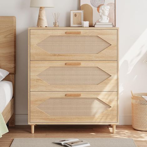 commode 3 tiroirs rotin chêne chambre couloir facile à monter (1/5)