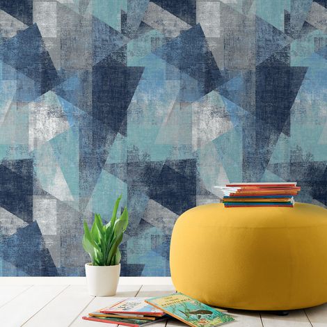 Papier peint géométrique bleu 53cm x 1000cm – Papier intissé – Facile à poser – Arrachage rapide pour changement décoratif – Hxadeco (1/4)