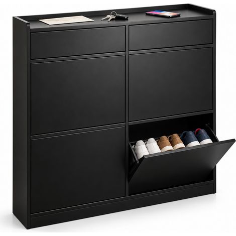 Relaxdays Scarpiera a ribalta, 4 vani, 2 piani, 8-10 paia, HLP: 95x98x19 cm, slim, antiribaltamento, nera (1/5)