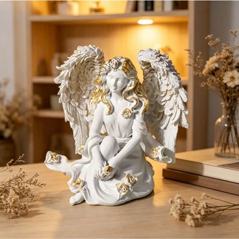 Ornement en résine d'ange floral blanc et or multi-styles, sculpture de fée ailée, bougeoir et plateau de rangement, décoration esthétique pour mariage, salle de bain et maison (1/4)