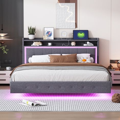 Lit 160x200cm - Lit Flottant 160 avec Tête de Lit Étagère, Prise USB et Éclairage LED RVB - Cadre de Lit Robuste - Tissu Lin Gris (1/5)