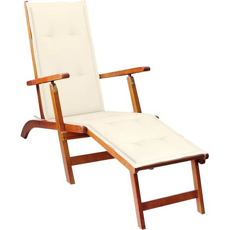 Chaise longue d'extérieur repose-pied et coussin Acacia solide