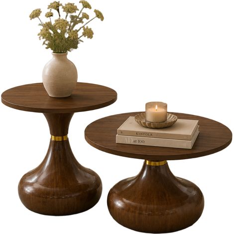 Set di 2 tavolini rotondi effetto noce, Ø 70 cm e Ø 50 cm, MDF e metallo (1/5)