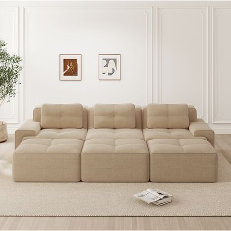 Modulares Eckschlafsofa aus Rippvelours in Beige, 3-Sitzer, ohne Montage HAVRYA (1/5)