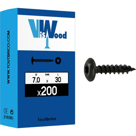 Vis de penture empreinte torx acier zingué noir entièrement filetées, diamètre 7 mm, longueur 30 mm, boîte de 200 vis - VISWOOD (1/3)