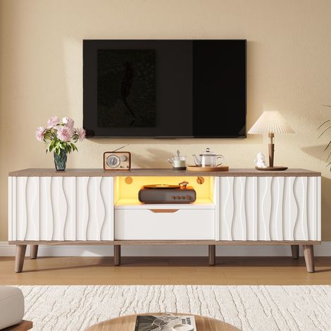 Meuble TV 160x40x52cm porte coulissante espace rangement jusqu'à 70 pouces salon chambre couleur blanc (1/5)