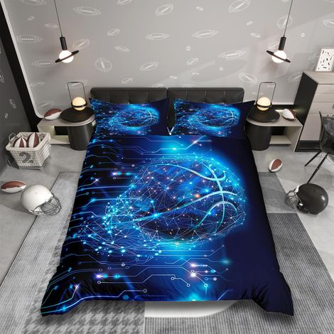 Parure de lit avec housse de couette de 135 x 200 cm, motif de basket-ball, bleu, fluo, à rayures géométriques, motif géométrique, jeux de ballon, art moderne, décoration de chambre (1/5)