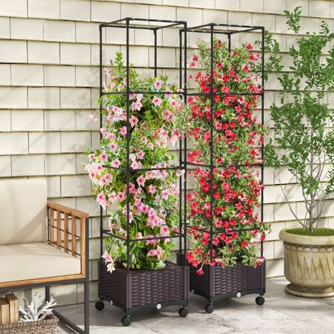 Bac de Jardin Surélevé 170cm avec Treillis, Bac à Planter Rotin PP Résistant aux Intempéries, Structure Métal Revêtu PE à Hauteur Réglable, Roulettes Verrouillables (1/5)