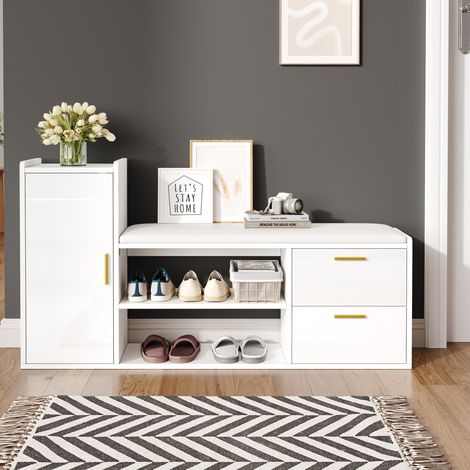 Zapatero con asiento 128/30/68 cm blanco, 2 cajones y estantes abiertos (1/5)