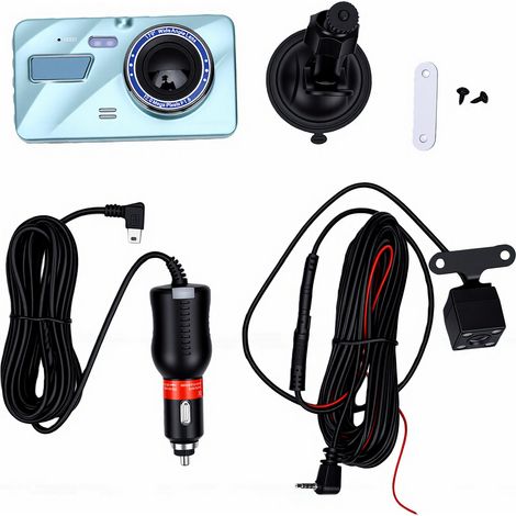 Dashcam anteriore e posteriore, doppie lenti 1080p, telecamera grandangolare 140°, schermo LCD da 4 pollici, monitor di parcheggio per accendisigari da 12 V, tipo a pulsante (1/5)